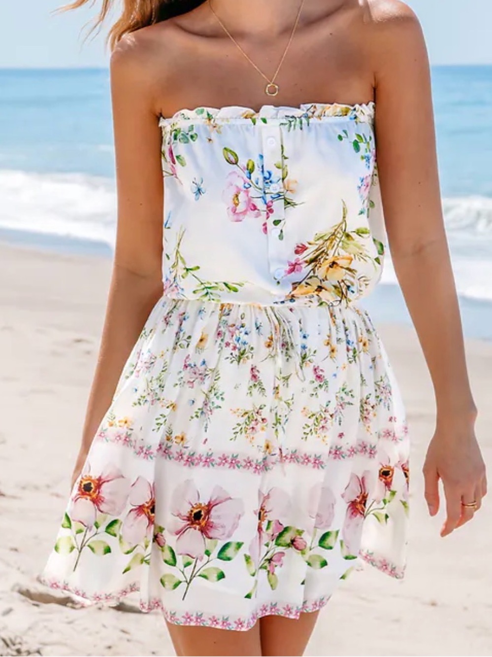 Cupshe White Strapless Floral Sundress with Pastel Blooms